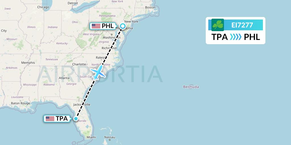 EI7277 Aer Lingus Flight Map: Tampa to Philadelphia