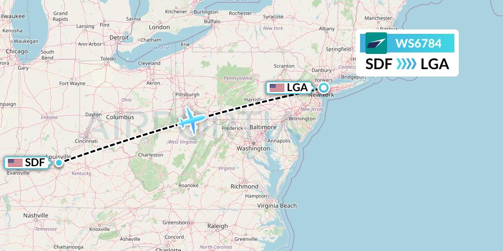 WS6784 WestJet Flight Map: Louisville to New York
