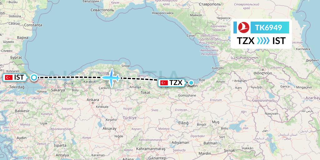 TK6949 Turkish Airlines Flight Map: Trabzon to Istanbul