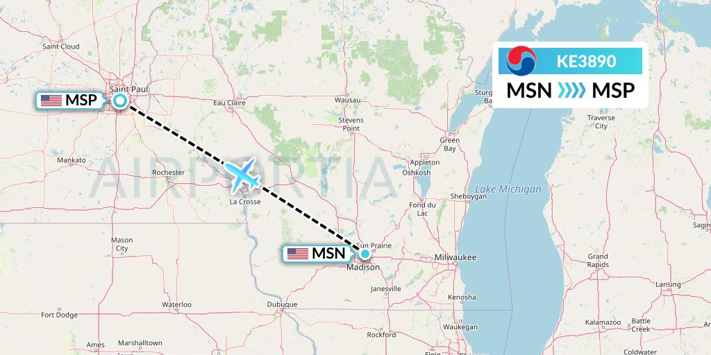 KE3890 Korean Air Flight Map: Madison to Minneapolis