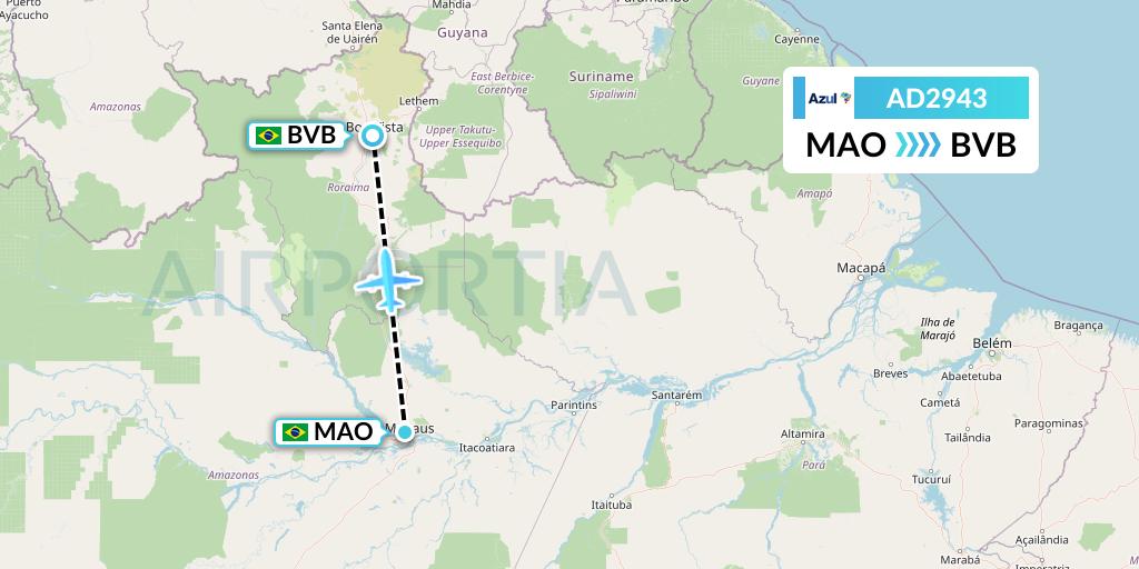 AD2943 Azul Brazilian Airlines Flight Map: Manaus to Boa Vista