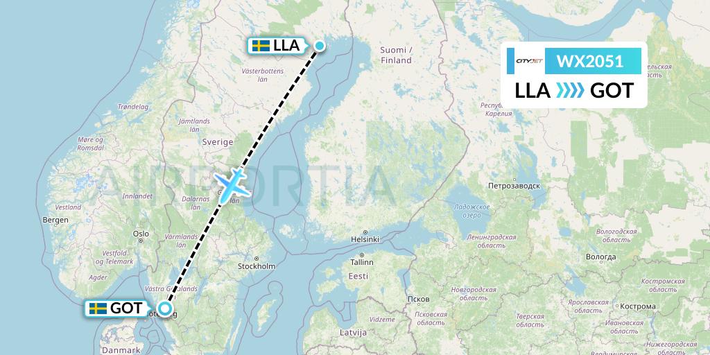WX2051 Cityjet Flight Map: Lulea to Gothenburg