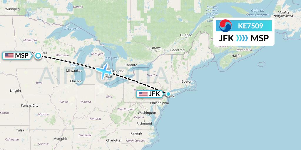 KE7509 Korean Air Flight Map: New York to Minneapolis