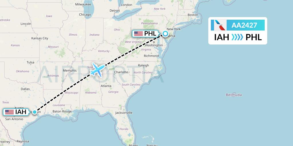AA2427 American Airlines Flight Map: Houston to Philadelphia