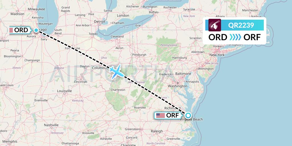 QR2239 Qatar Airways Flight Map: Chicago to Norfolk