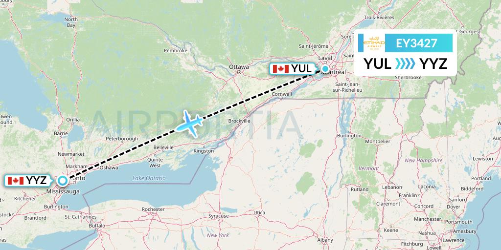 EY3427 Etihad Airways Flight Map: Montreal to Toronto