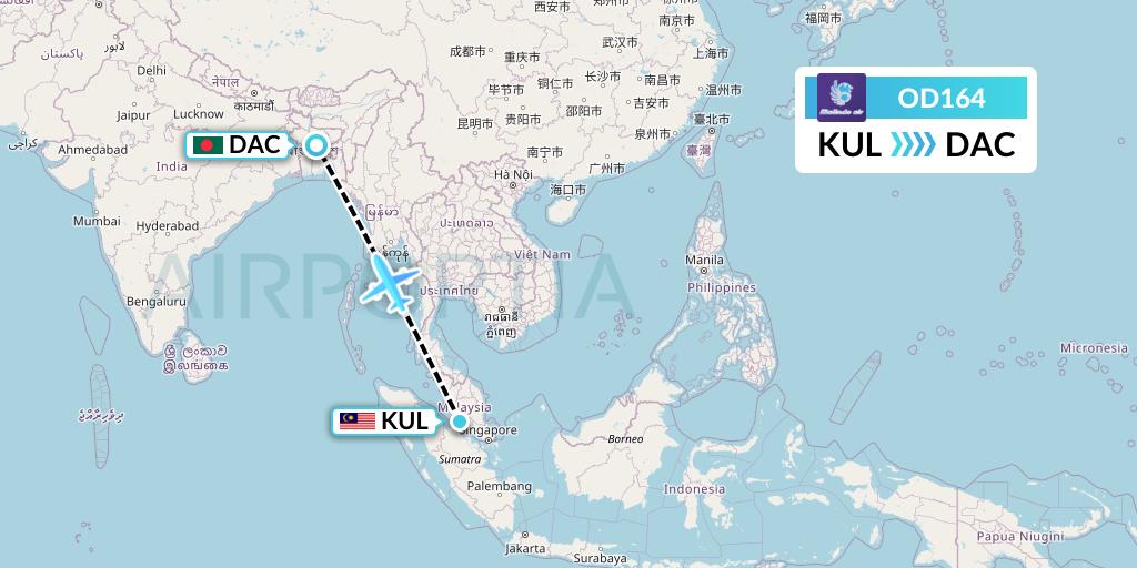 OD164 Batik Air Malaysia Flight Map: Kuala Lumpur to Dhaka