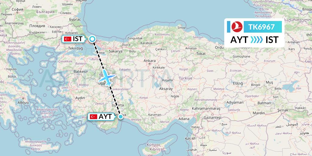 TK6967 Turkish Airlines Flight Map: Antalya to Istanbul