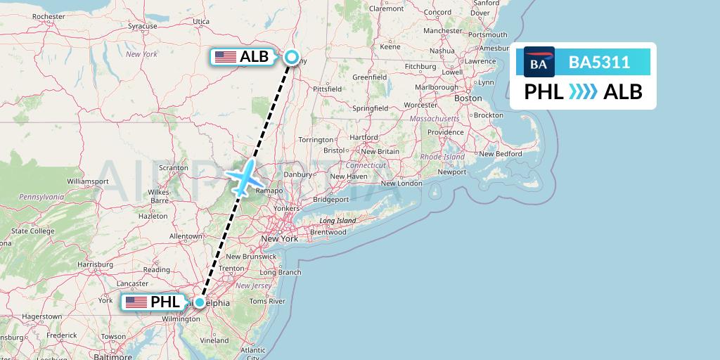 BA5311 British Airways Flight Map: Philadelphia to Albany