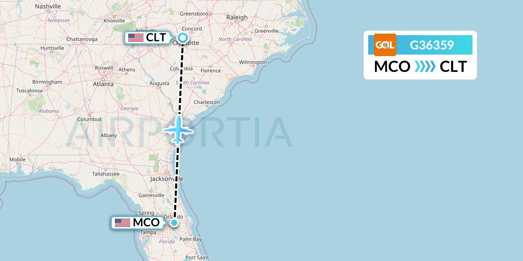 G36359 GOL Transportes Aeros Flight Map: Orlando to Charlotte