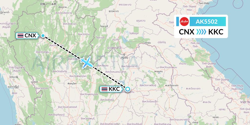 AK5502 AirAsia Flight Map: Chiang Mai to Khon Kaen