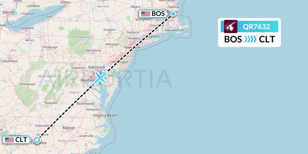 QR7632 Qatar Airways Flight Map: Boston to Charlotte
