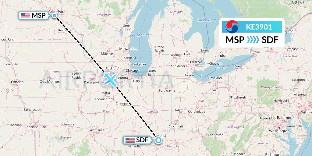 KE3901 Korean Air Flight Map: Minneapolis to Louisville
