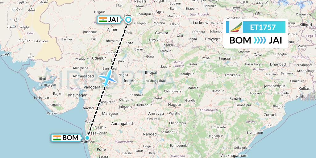 ET1757 Ethiopian Airlines Flight Map: Mumbai to Jaipur