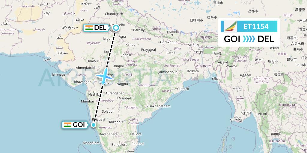ET1154 Ethiopian Airlines Flight Map: Goa to Delhi