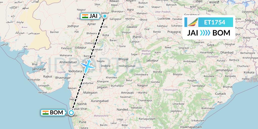 ET1754 Ethiopian Airlines Flight Map: Jaipur to Mumbai