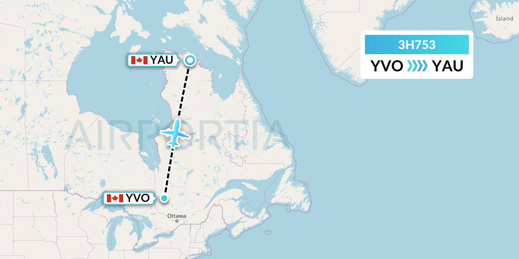 3H753 Air Inuit Flight Map: Val-d'Or to Kattiniq