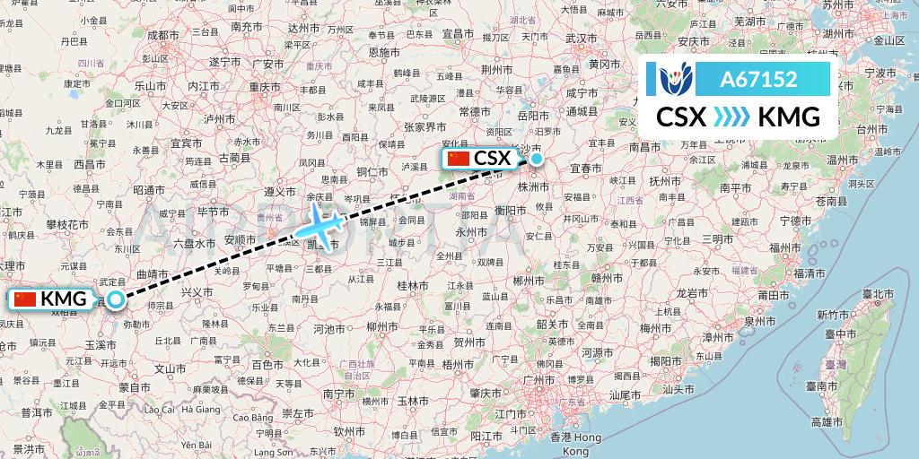 A67152 Hongtu Airlines Flight Map: Changsha to Kunming