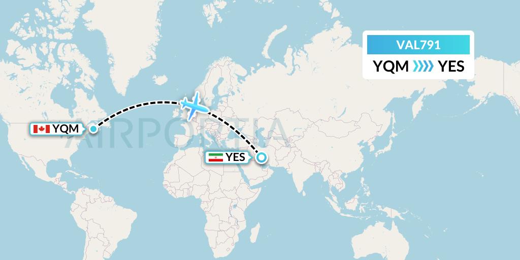 VAL791 Voyageur Airlines Flight Map: Moncton to Yasouj