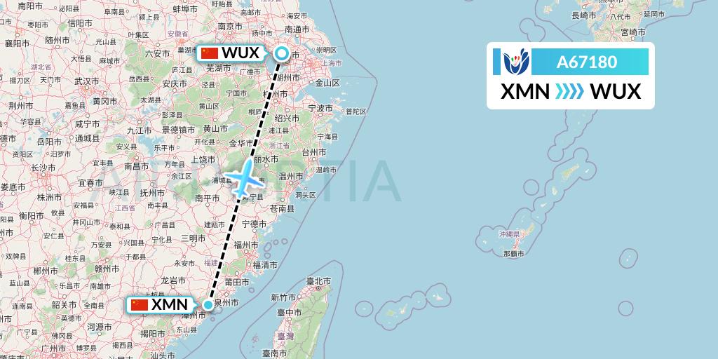 A67180 Hongtu Airlines Flight Map: Xiamen to Wuxi
