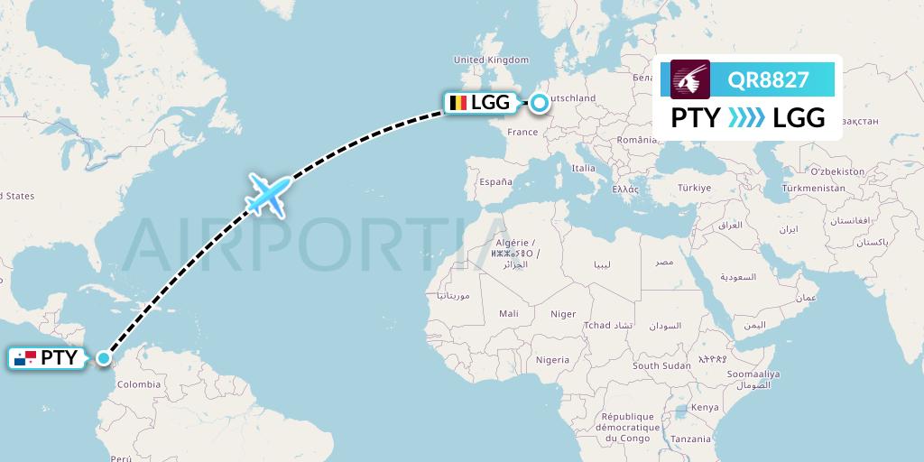 QR8827 Qatar Airways Flight Map: Panama City to Liege