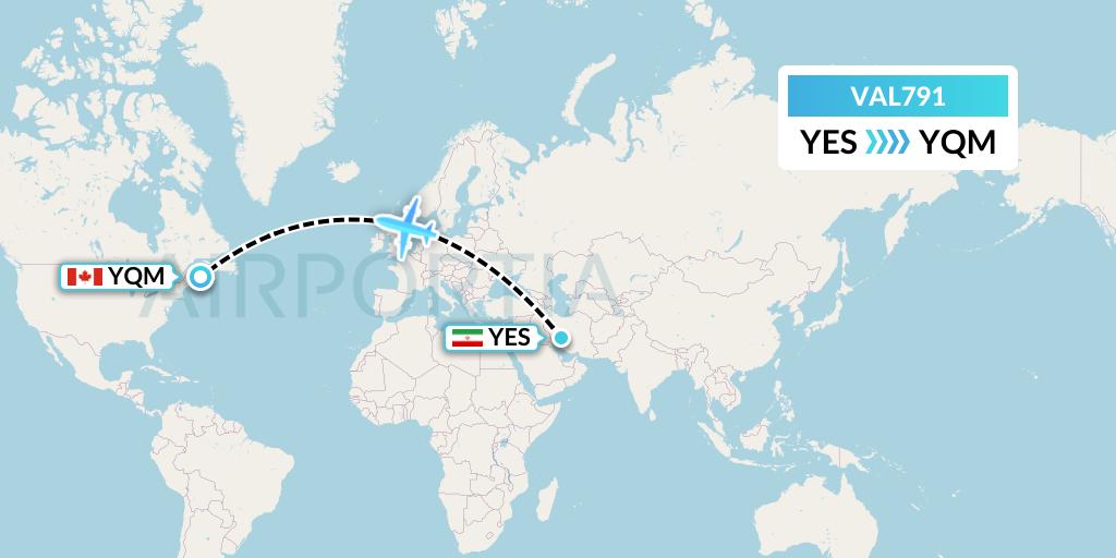 VAL791 Voyageur Airlines Flight Map: Yasouj to Moncton