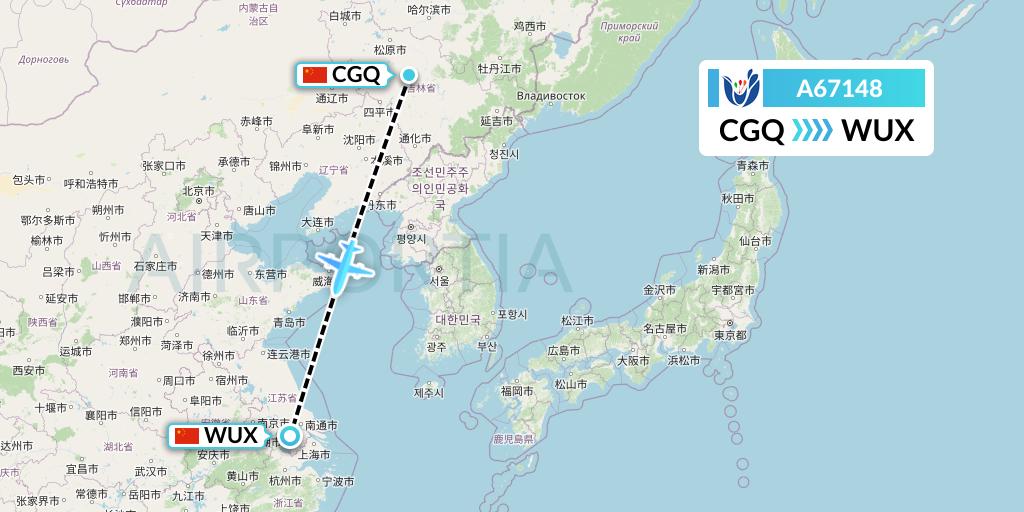 A67148 Hongtu Airlines Flight Map: Changchun to Wuxi
