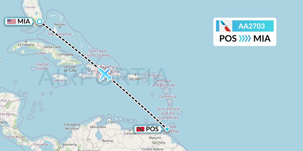 AA2703 American Airlines Flight Map: Port of Spain to Miami