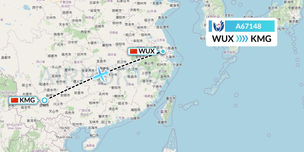 A67148 Hongtu Airlines Flight Map: Wuxi to Kunming