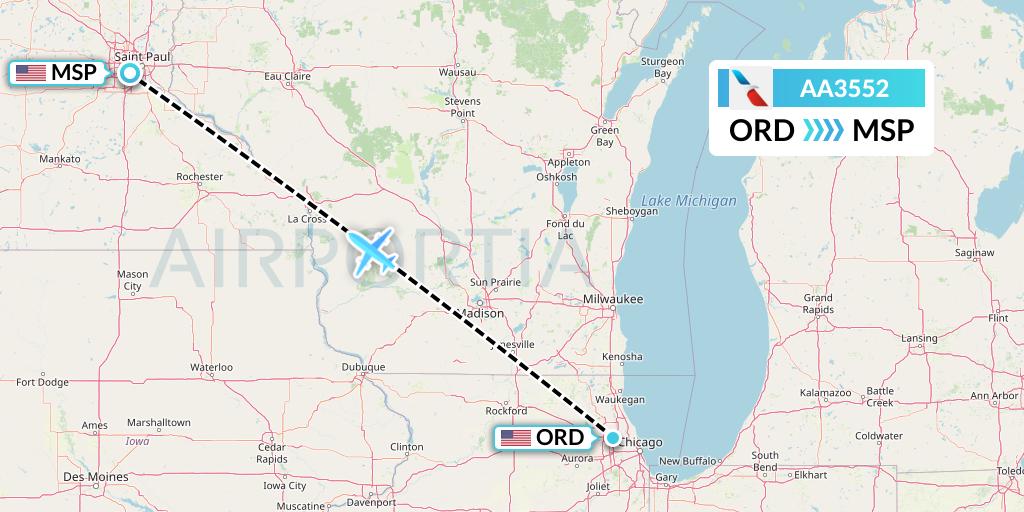 AA3552 American Airlines Flight Map: Chicago to Minneapolis