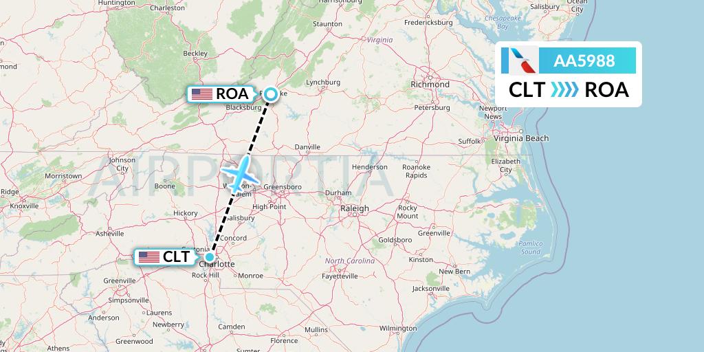 AA5988 American Airlines Flight Map: Charlotte to Roanoke