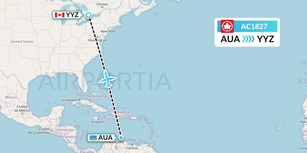 AC1827 Air Canada Flight Map: Oranjestad to Toronto