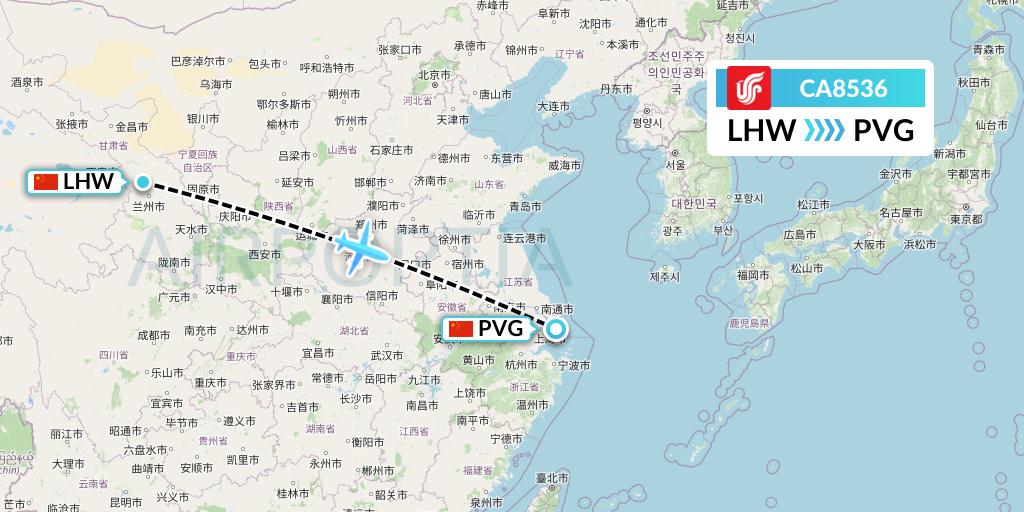 CA8536 Air China Flight Map: Lanzhou to Shanghai