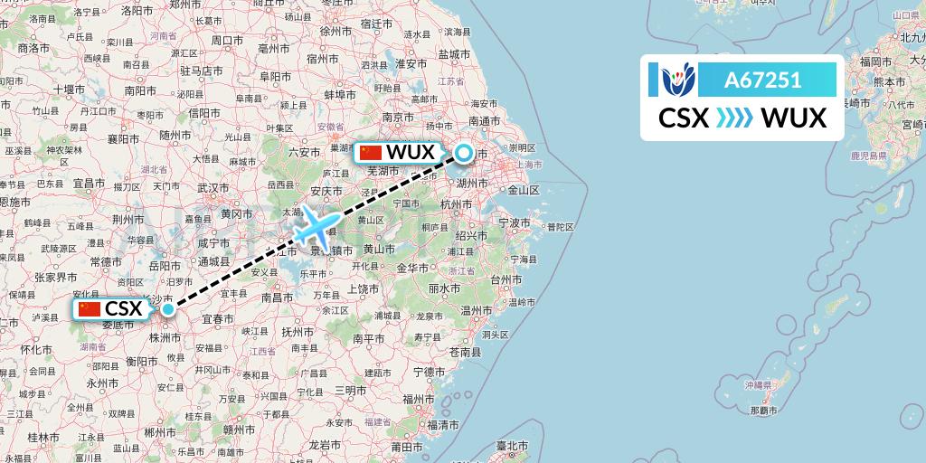 A67251 Hongtu Airlines Flight Map: Changsha to Wuxi