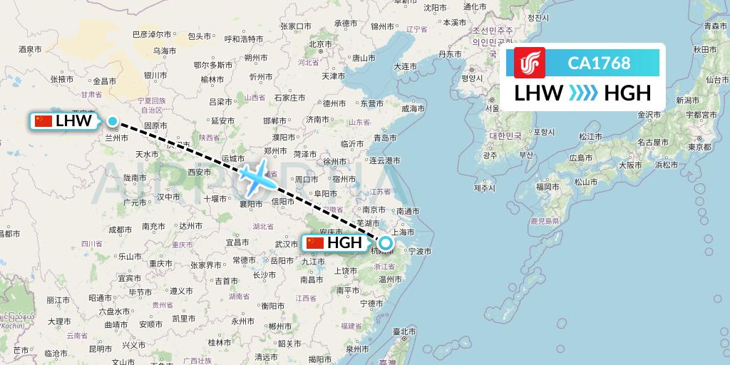 CA1768 Air China Flight Map: Lanzhou to Hangzhou