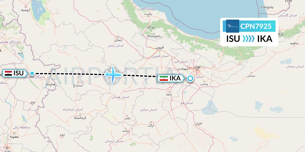 CPN7925 Caspian Airlines Flight Map: Sulaimaniyah to Tehran