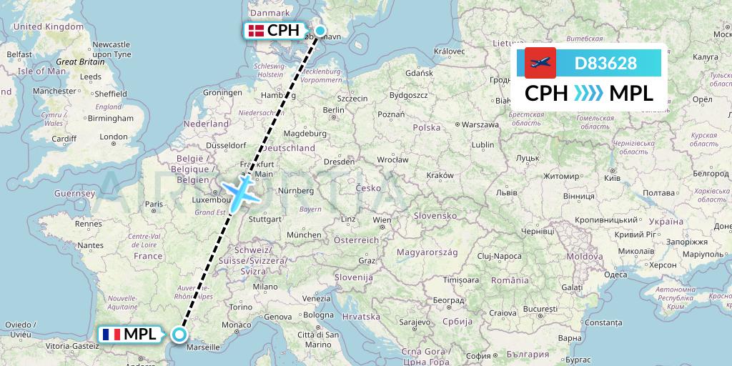 D83628 Norwegian Air International Flight Map: Copenhagen to Montpellier