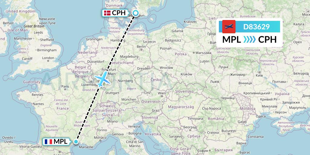 D83629 Norwegian Air International Flight Map: Montpellier to Copenhagen