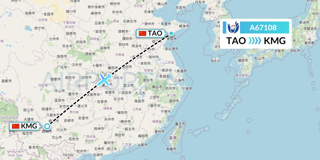 A67108 Hongtu Airlines Flight Map: Qingdao to Kunming
