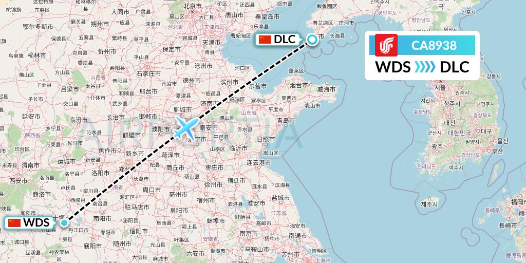 CA8938 Air China Flight Map: Shiyan to Dalian