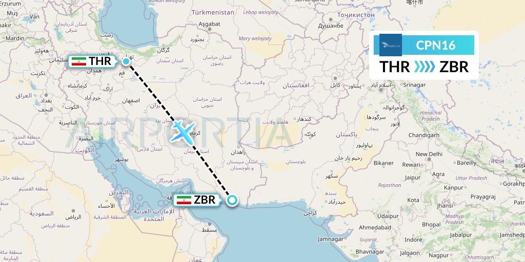 CPN16 Caspian Airlines Flight Map: Tehran to Chabahar