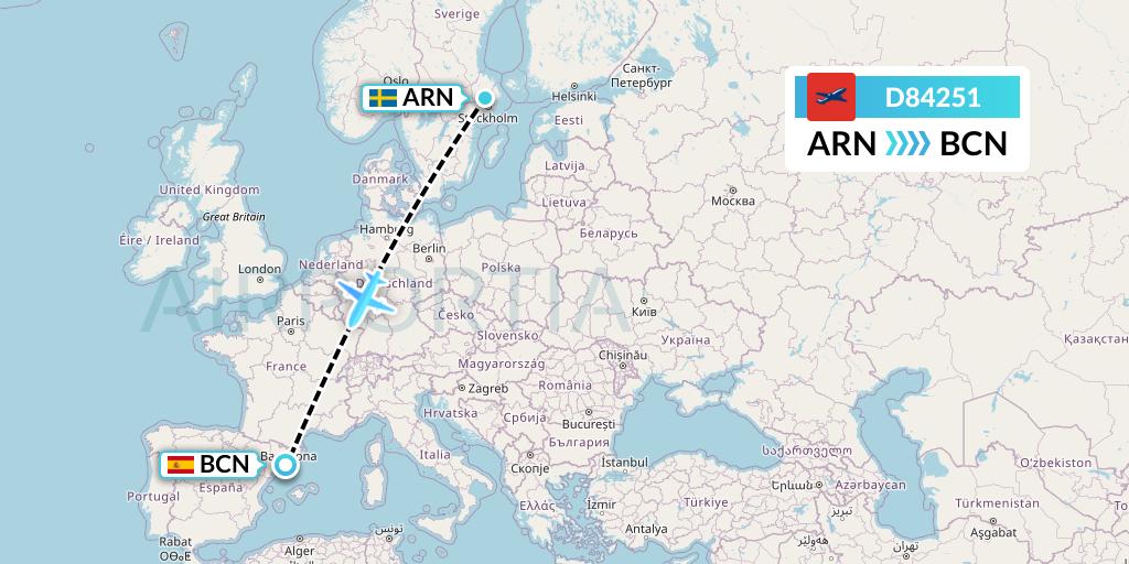 D84251 Norwegian Air International Flight Map: Stockholm to Barcelona