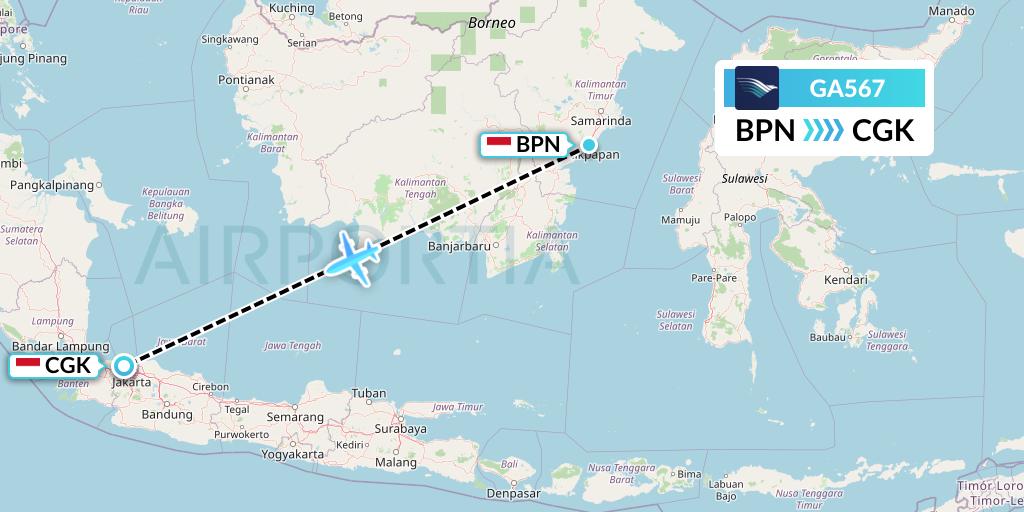 GA567 Garuda Indonesia Flight Map: Balikpapan to Jakarta
