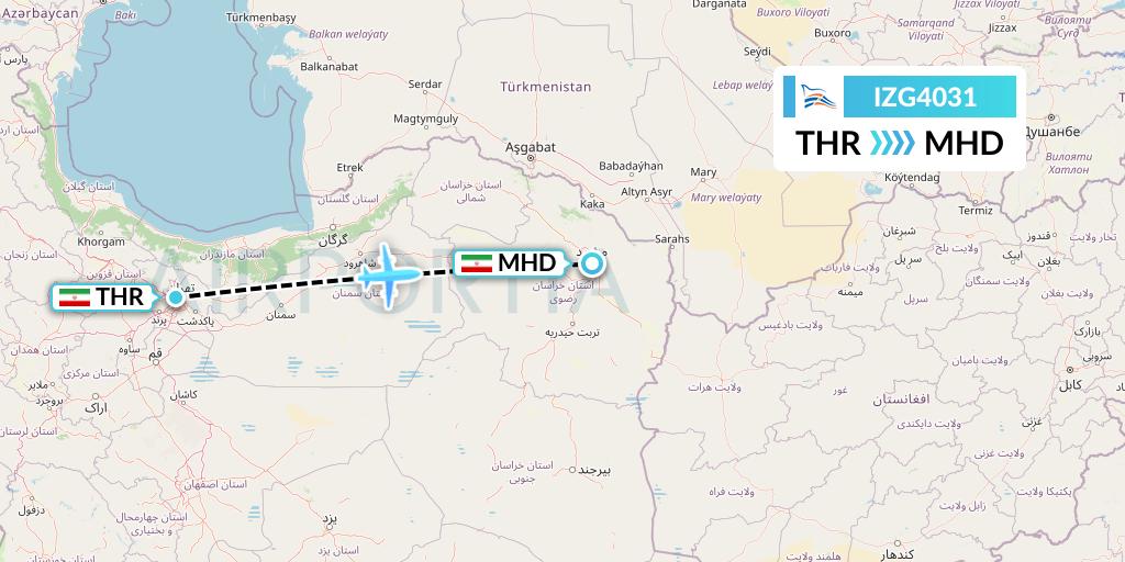 IZG4031 Zagros Airlines Flight Map: Tehran to Mashhad