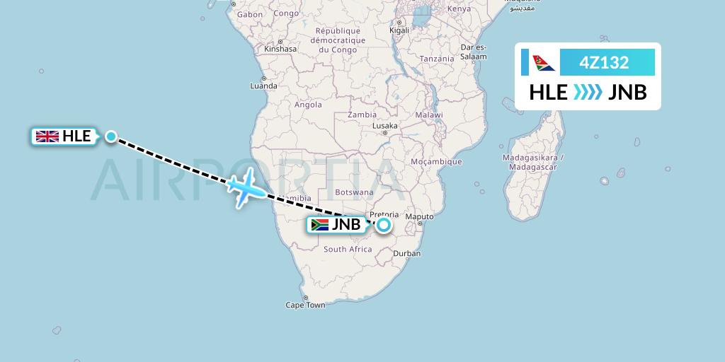 4Z132 Airlink Flight Map: Saint Helena to Johannesburg