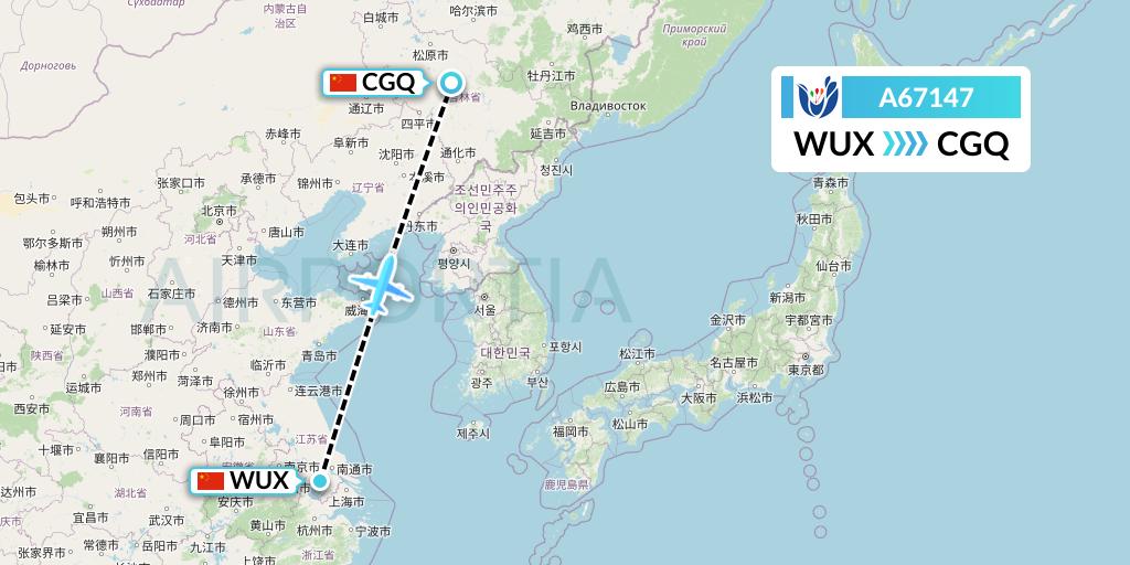 A67147 Hongtu Airlines Flight Map: Wuxi to Changchun