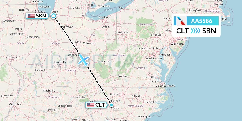 AA5586 American Airlines Flight Map: Charlotte to South Bend