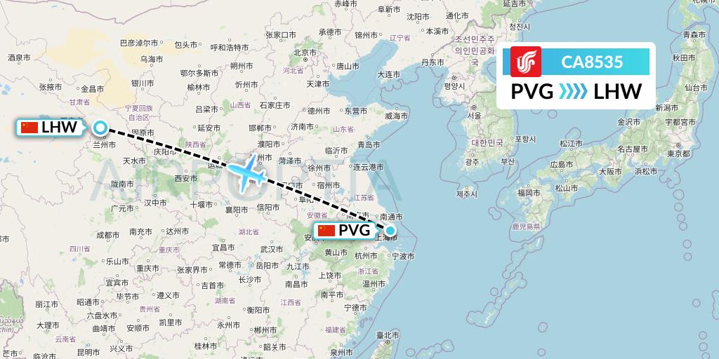 CA8535 Air China Flight Map: Shanghai to Lanzhou
