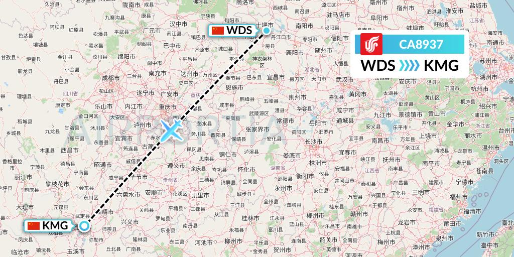 CA8937 Air China Flight Map: Shiyan to Kunming