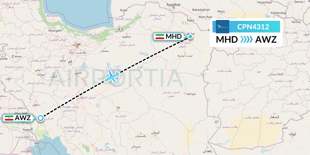 CPN4312 Caspian Airlines Flight Map: Mashhad to Ahvaz
